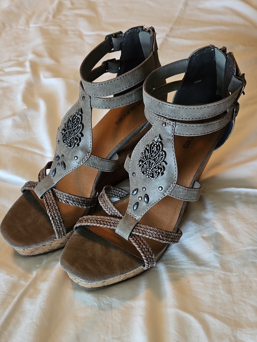 Maurices Taupe Braided Ankle-Strap Wedge Sandals with Beaded Accent
